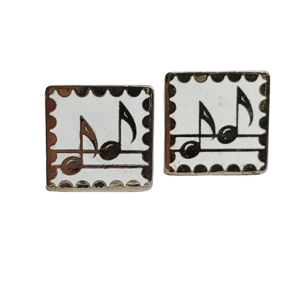 Vintage Music Notes Cufflinks Gold Tone White Enamel Musical